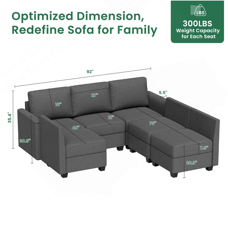 Canapé modulaire modulaire avec siège de rangement Canapé convertible pour salon / repose-pieds profond de 27 po / coussin en mousse viscoélastique