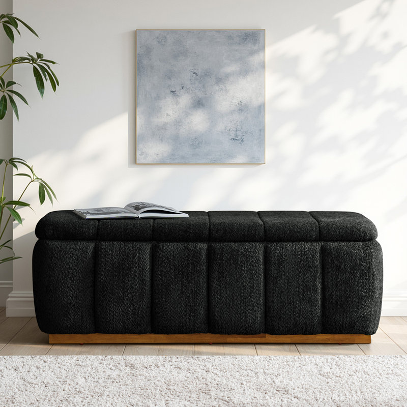 Banc de rangement recouvert de tissu d'ameublement en chenille avec base en bois massif Vanesa, Noir