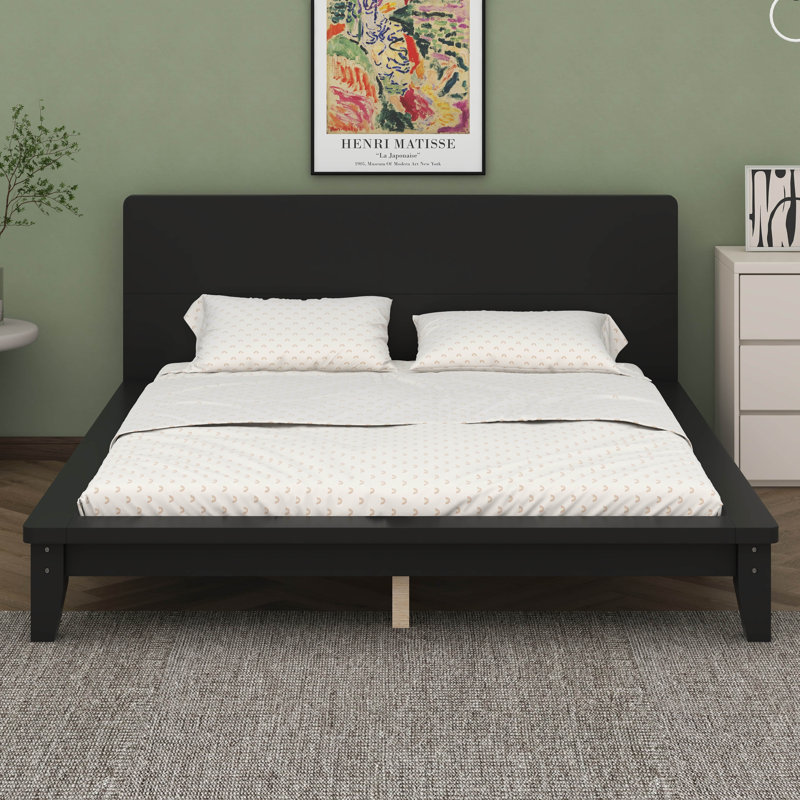 Wood Bed Frame With Solid Headboard, Black, Queen