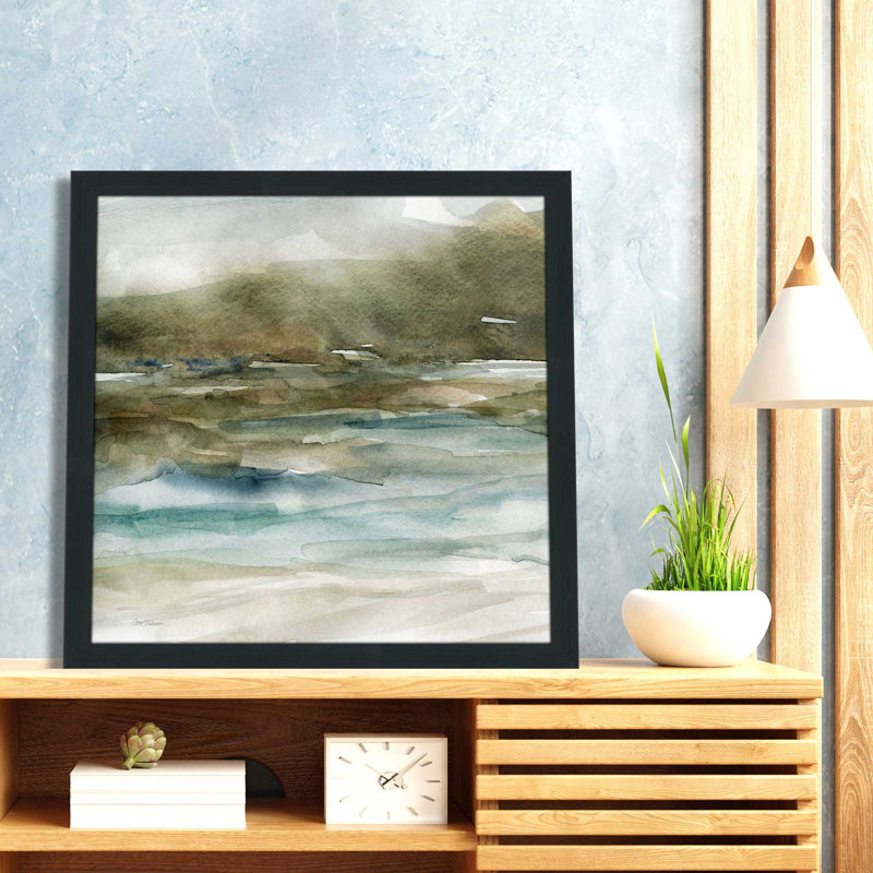 Riverbank par Carol Robinson - Peinture, L 25,5 po x H 25,5 po, Cadre noir