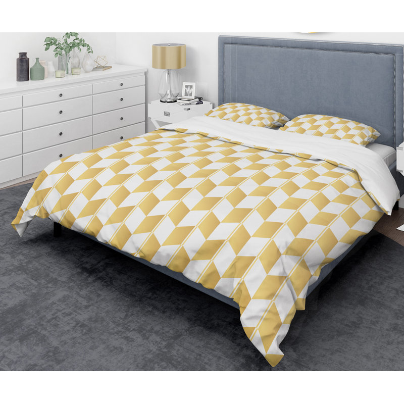 King Gold and White Geometric Microfiber Duvet Cover Set