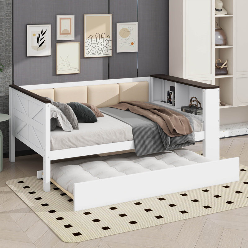 Twin-Size Daybed With Storage Racks, Padded Backrest, USB Port, And Trundle, Twin