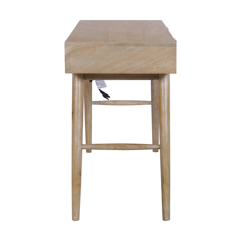 Mid-Century Modern 45" Solid Wood Home Office Writing Desk with Linen-Inset Storage Drawers, Wheatfield, Wheatfield