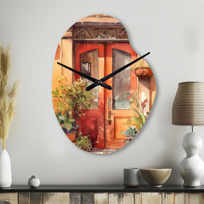 Red And Beige Garden Door Gateway - Asymmetrical Traditional Metal Wall Clock, Red Wall Clock Print