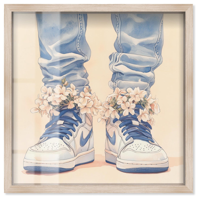 Art mural doux avec espadrilles bleues et fleurs, H 25 po x l 25 po, Crème, crème