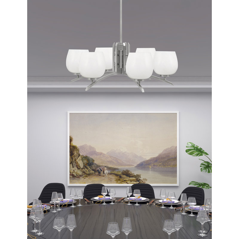 Lustre à 6 lumières Kurve illustré en finition graphite avec verre de marbre blanc de 6 po