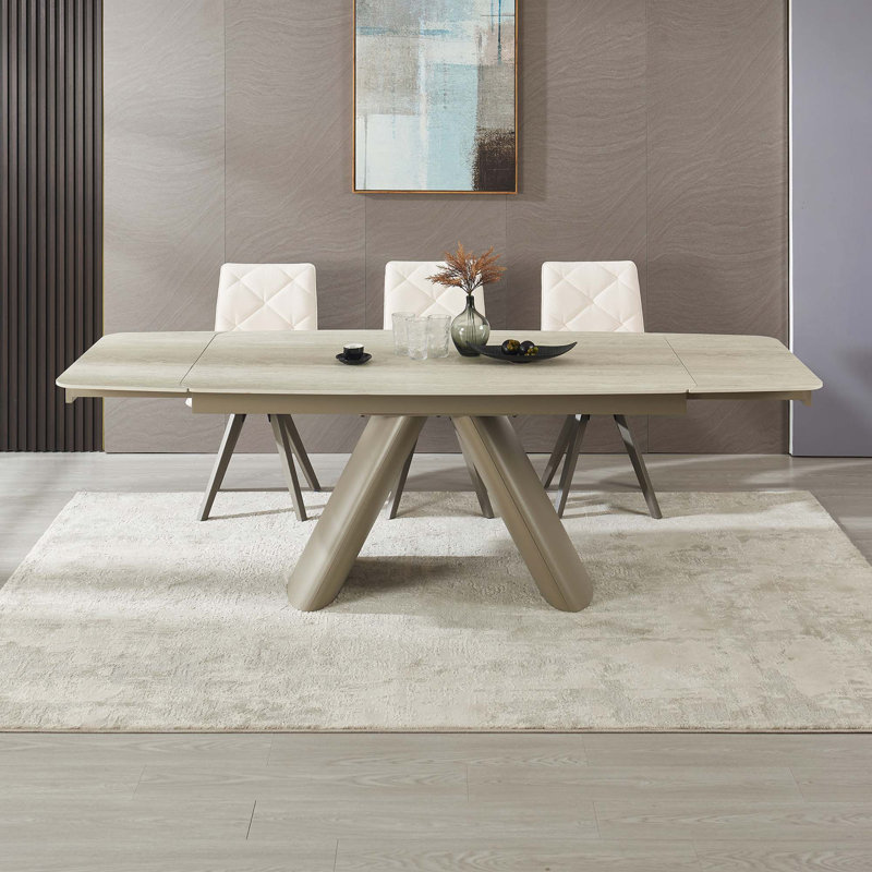 Table de salle à manger rétractable en pierre frittée avec base robuste