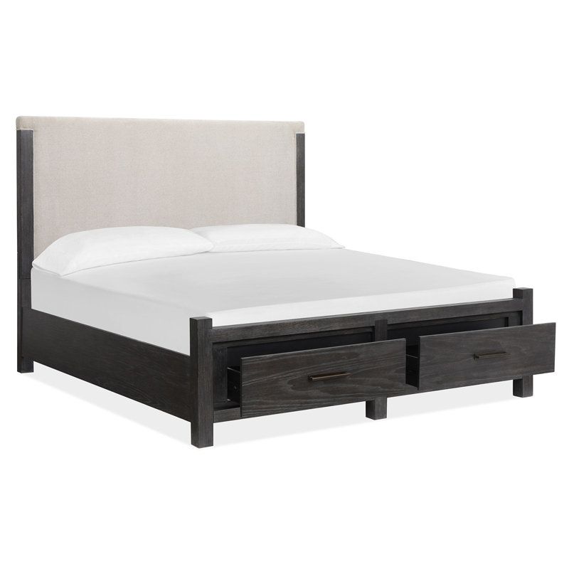 Grand lit avec panneau de rangement Wilmot, 2 pièces : Lit, table de chevet, Grand