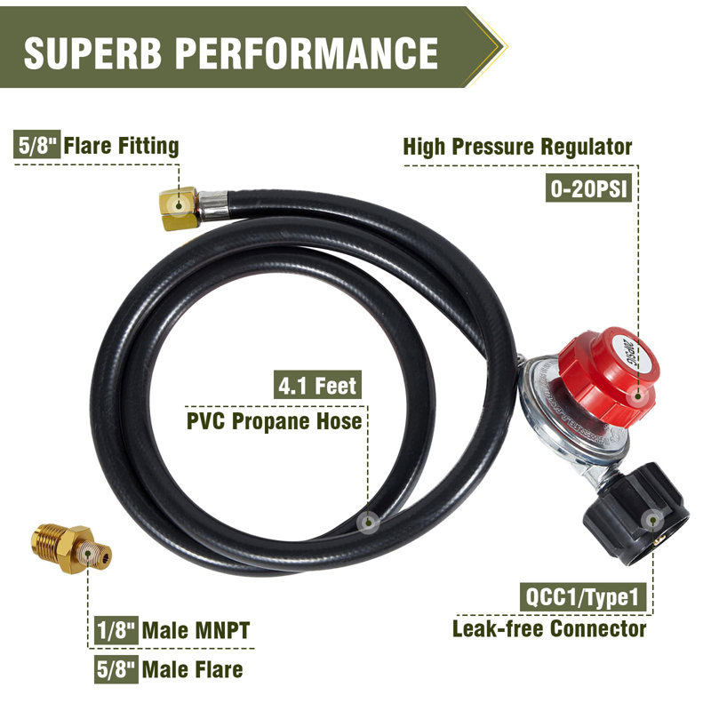 Régulateur de propane, tuyau ajustable pour brûleur à gaz haute pression 0 à 20 psi, 4 pieds, adapté aux réservoirs de propane