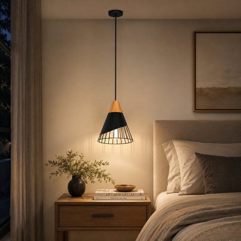 1 - Light Metal Cone Single Pendant With Wood Texture, Black