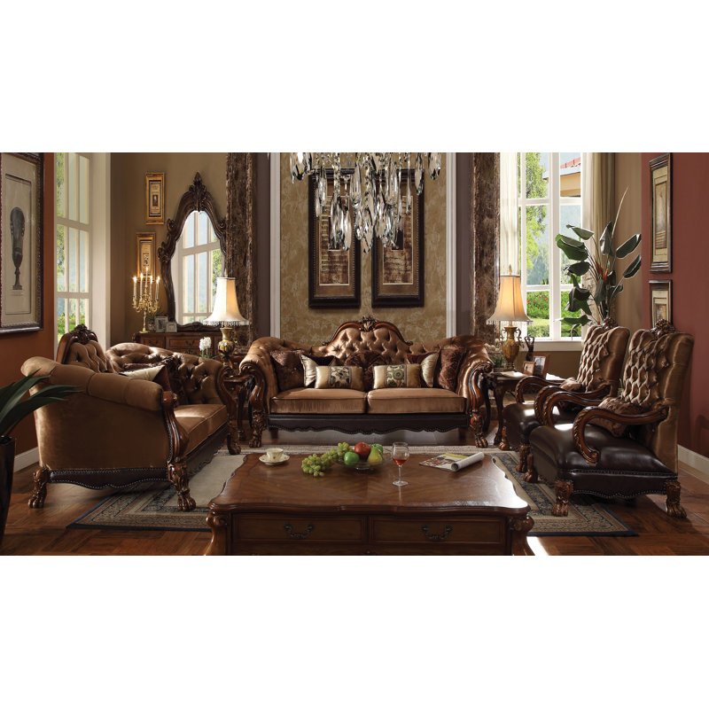 Caruthers Transitional 73"L Rolled Armest Loveseat with 5 Pillows in Bone & Gold Patina, Golden Brown Leather, Cherry