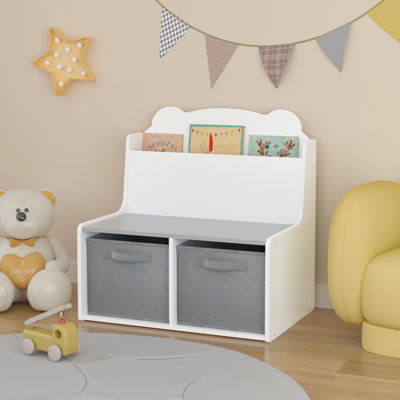 Banc de rangement pour enfants avec étagère à livres, banc organisateur de jouets en bois avec 2 bacs en tissu amovibles, banc de lecture pour tout-petits, idéal pour la salle de jeux, la chambre ou la crèche.