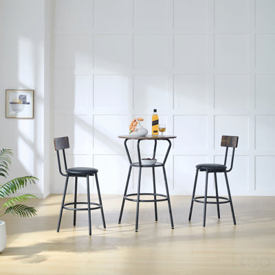 Round Bar Table And Stool Set With Shelf, Upholstered Stool With Backrest