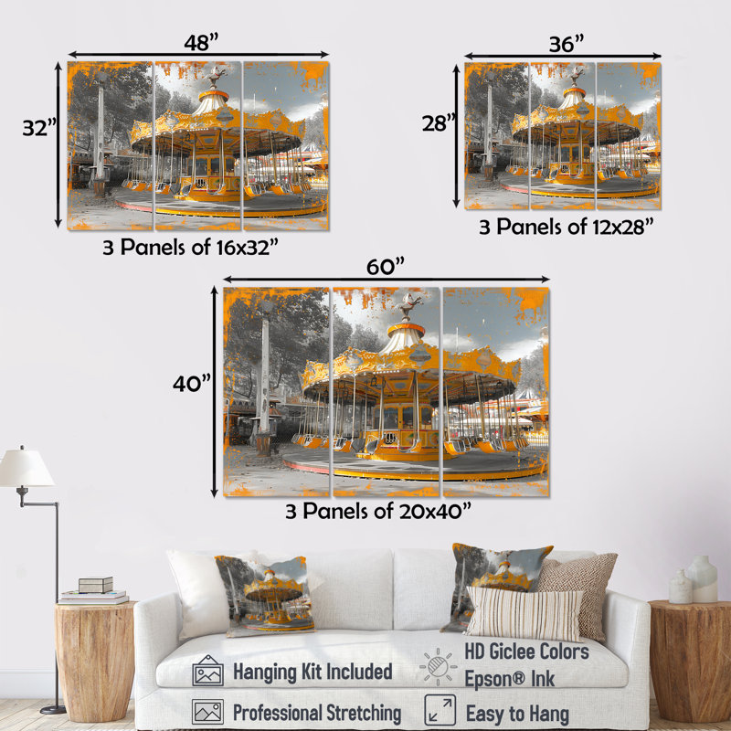 «Yellow Gray Autumn Autumn Wonderland Carousel Parks», ensemble d'art mural parcs d'attractions, Toile tendue