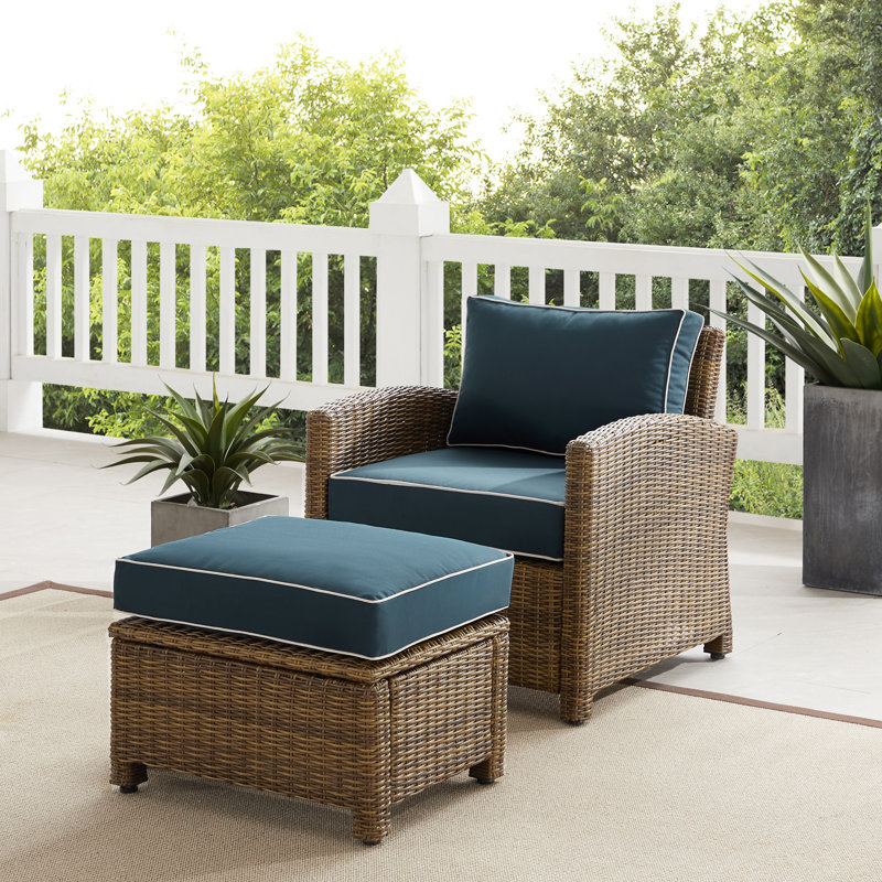 Wicker Outdoor Lounge Chair with Ottoman, Navy, Brown