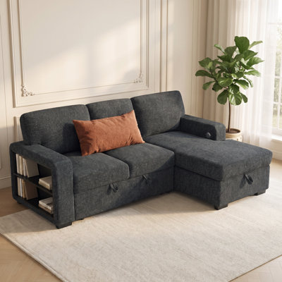 Canapé-lit d'angle convertible en lit gigogne avec méridienne de rangement, porte-gobelets, ports de chargement USB et de type C, revêtement en lin réversible avec tablette latérale ouverte, noir foncé