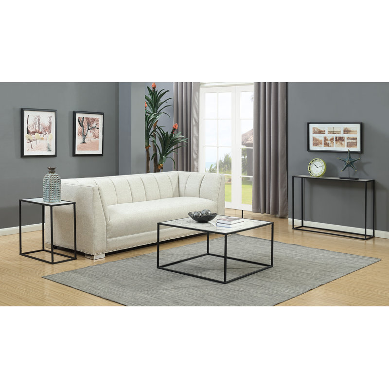 Yuichiro 42" Console Table with Metal Frame, White Faux Marble Top/Black Base
