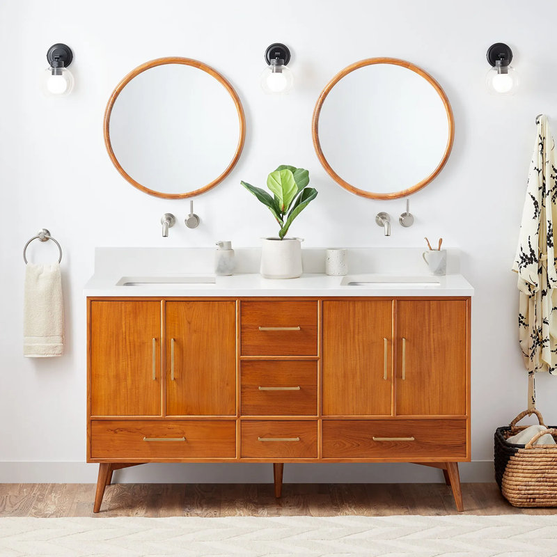 60" Novak Double Bathroom Vanity Set with Rectangular Undermount Sinks, Arctic White Quartz, No Faucet Hole, Natural Teak