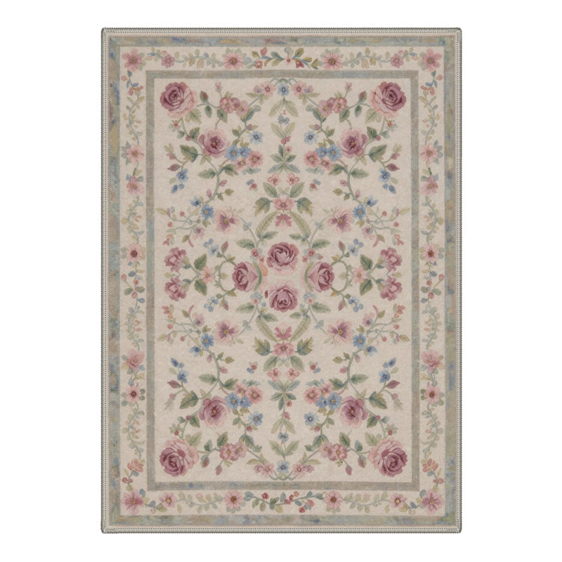 Abbey Floral Machine Washable Pink / Beige / Green Indoor Area Rug with Non-Slip Backing, Round 5'