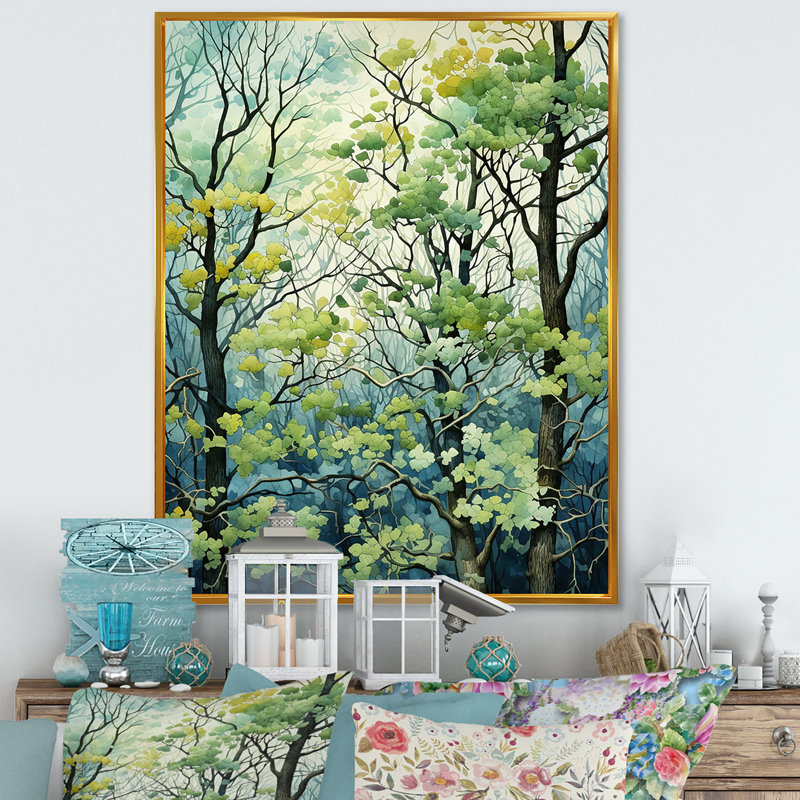 «Green Tree American Basswood Spring Blooms IV», art mural arbre, Cadre flottant doré, 40" H x 30" W