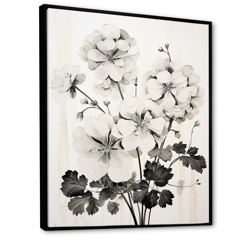 Minéralisme noir et blanc géraniums I sur toile, Cadre flottant noir, H 32 po x l 16 po x P 1 po