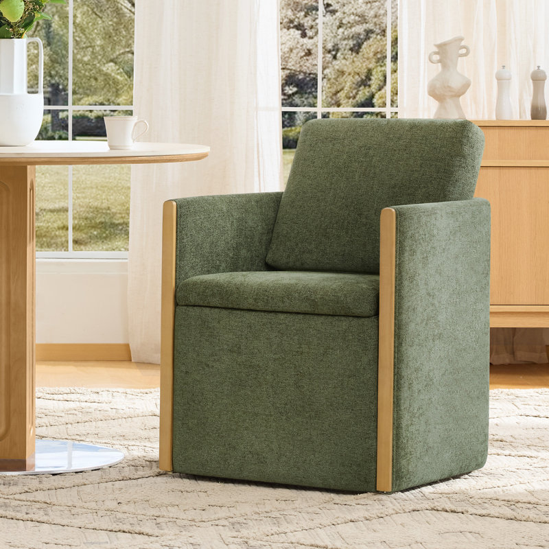 Upholstered Rolling Dining Chair with Under-Seat Storage, Moss Green