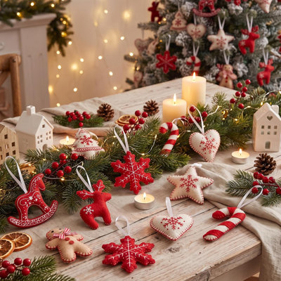 HunnmingRe 24-Piece Christmas Felt Ornaments, Swedish Nordic Tree Decorations, Handmade-Style Holiday Ornaments for Christmas Tree, Wreath & Home Décor