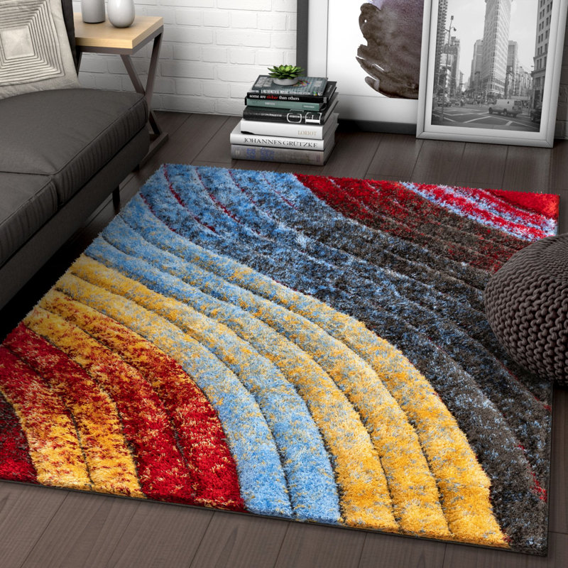 San Francisco Red and Multicolor Geometric Shag Rug 4' x 6'