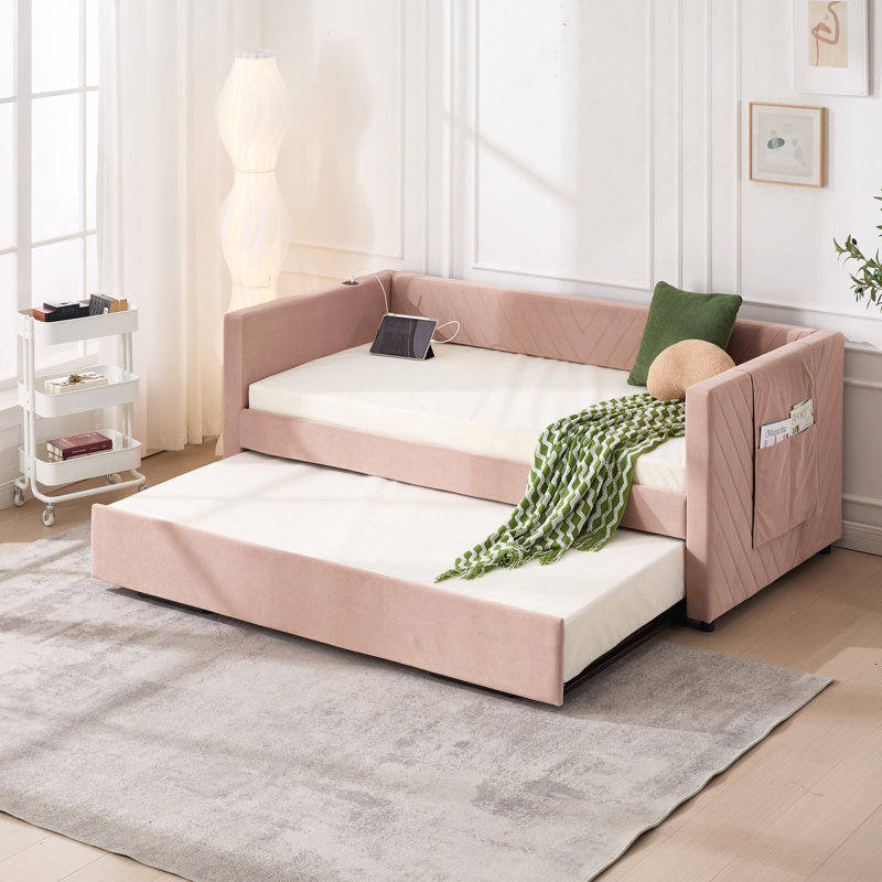 Upholstered Daybed With Trundle,USB Port ,Side Pockets, V-Grained Backrest Design,No Box Spring Needed, For Bedroom, Guest Room