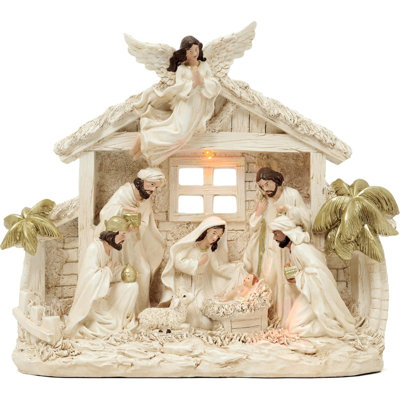 Large White Gold Nativity Scene Figurine Set With Led Lights