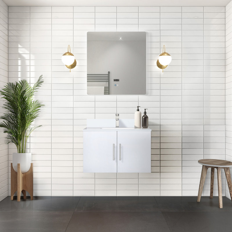 Meuble-lavabo blanc lustré 30 po X P 22 po D, dessus en quartz blanc et ensemble de robinet