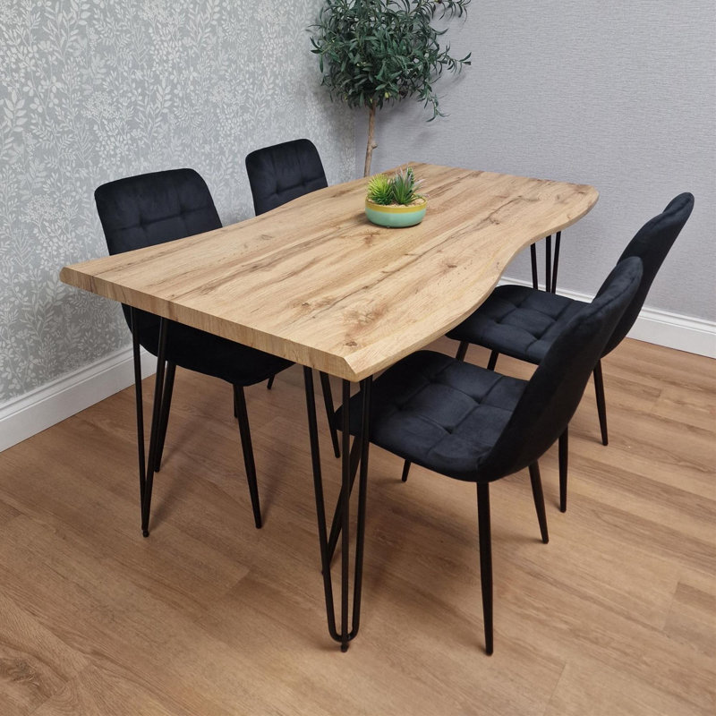 Wooden Dining Table and 4 Velvet Chairs - Stylish Dining Room Furniture, Black, 75cm H x 140cm W x 80cm D