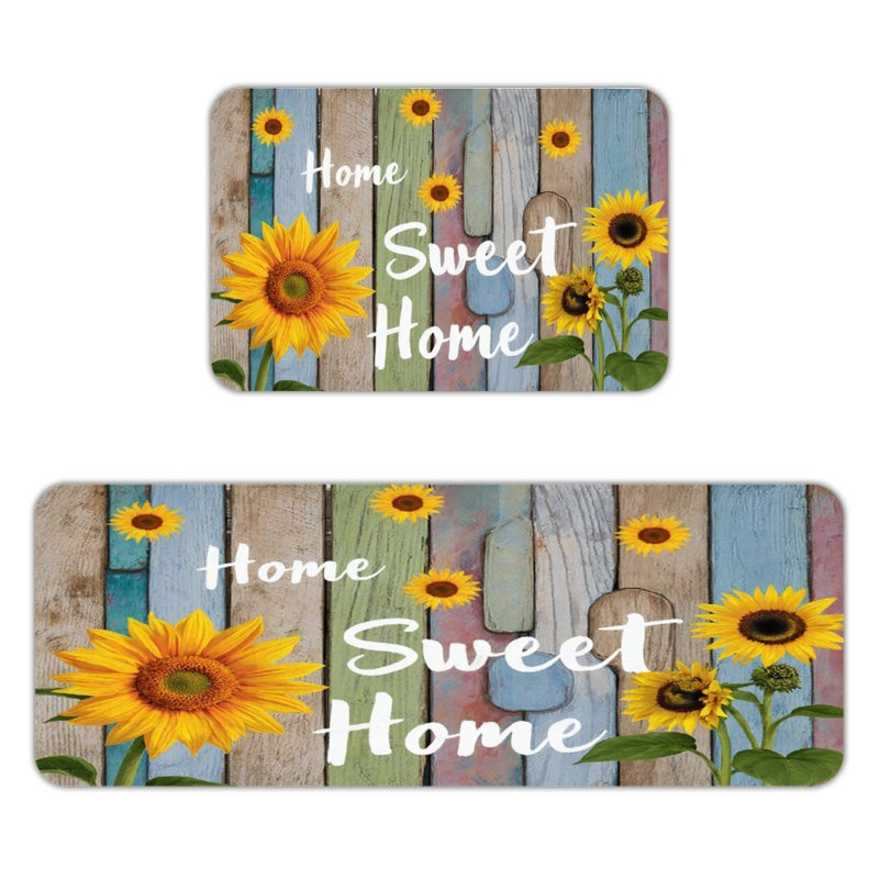Colorful Wood Sunflowers, Kitchen Mats Set Of 2, Yellow Wood & Shiplap