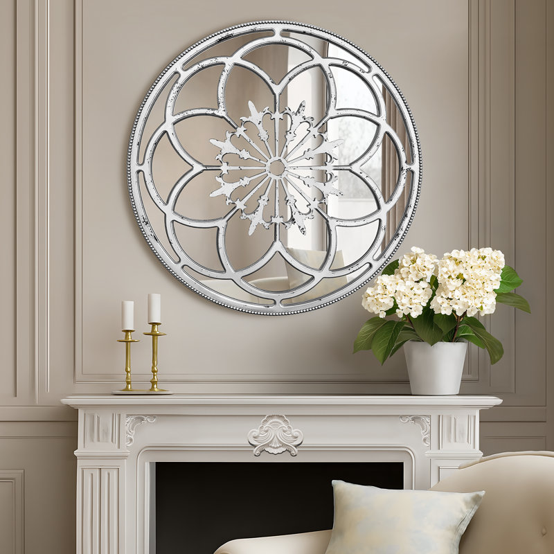  36" Gothic Rose Window Round Wall Mirror in Antique Silver