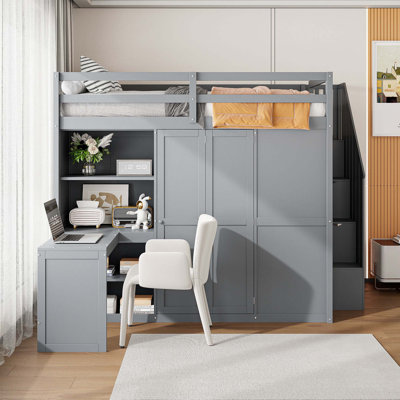 Lit mezzanine double avec garde-robe, bureau et tablettes