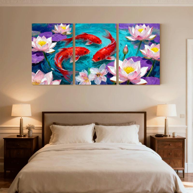 Birds Koi Fish Water Lily Pond, ensemble de 3 reproductions d'art sur toile, H 18 po x l 36 po