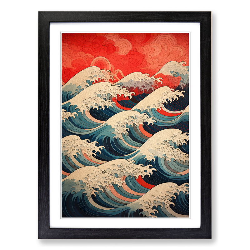 Wave Japanese Geometric Art - Framed Print, 46cm H x 34cm W, Black Framed