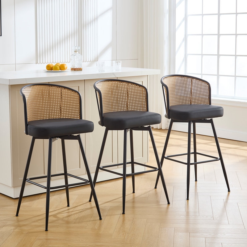 Cane Back Swivel Upholstered  Stool, Bar Stool (29” Seat Height), Black