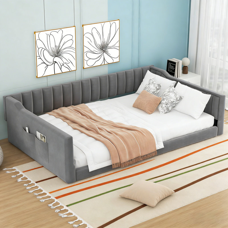 Full XL Upholstered Daybed With Side Storage Pocket, Full XL, Gray