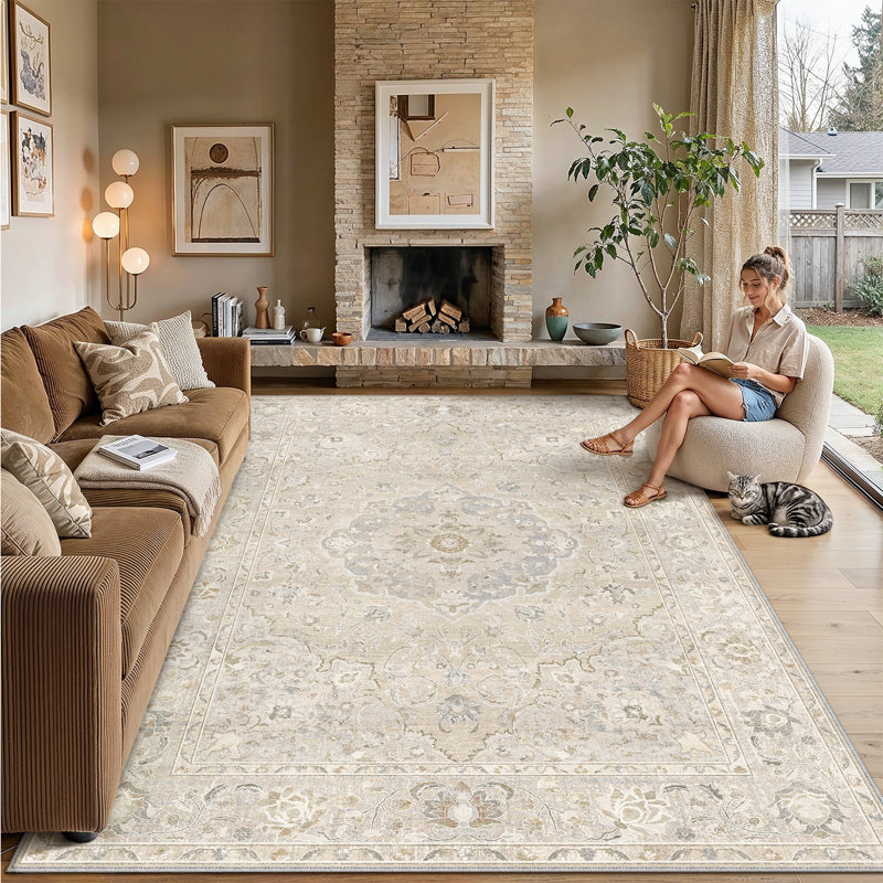 Tapis persan rétro Velora avec lavable à la machine et antidérapant, Ivory, Rectangle 6'x 9'