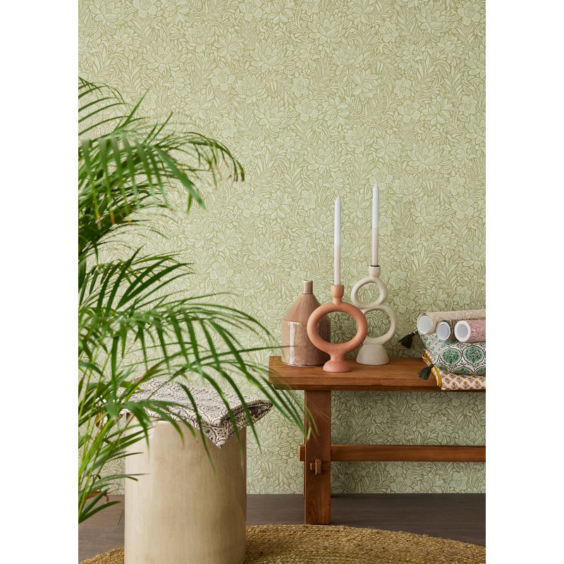 Zahara Olive Floral Wallpaper, Green