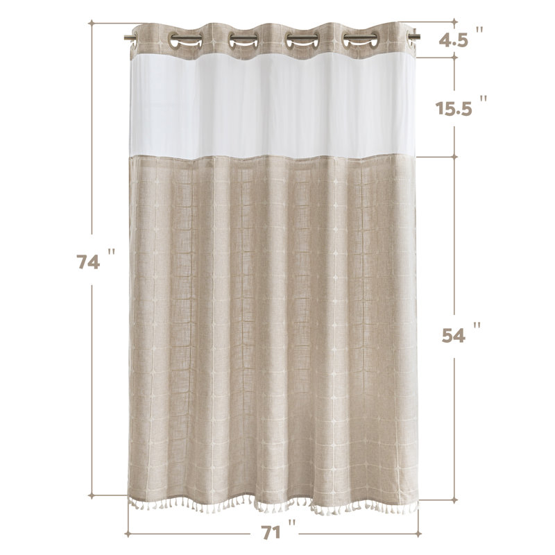 Clairece Geometric Tassels Shower Curtain with Snap-in Liner, No Hooks Required, Cream