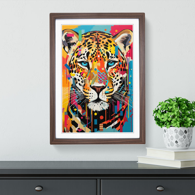 Leopard Constructivism - Single Picture Frame Print on Wood, 34cm H x 25cm W x 2cm D, Walnut