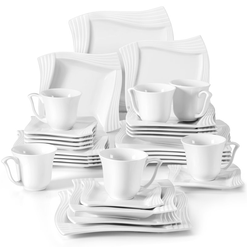 30-Piece Square Modern Ivory White Dinnerware Set for 6, Includes Dinner Plates, Dessert Plates, Soup Bowls, Saucers & Mugs, Complete Service