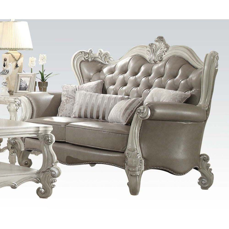 Ensemble de salon en similicuir 3 pièces Versailles, Blanc os, Similicuir gris rétro