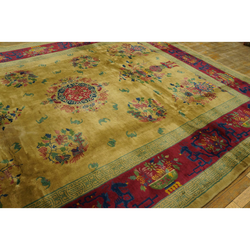 Antique Art Deco Chinese Floral, Medallion Yellow 1920s Rug