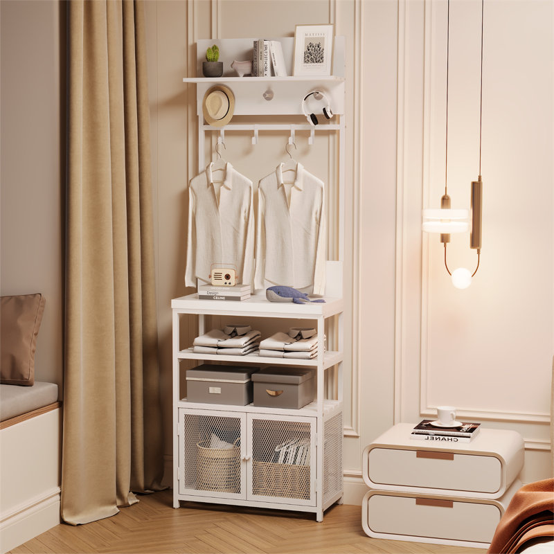 Portemanteau blanc avec portes, porte-manteau étroit de 72,8 pouces avec 7 crochets pour l'entrée, la chambre à coucher ou le vestibule