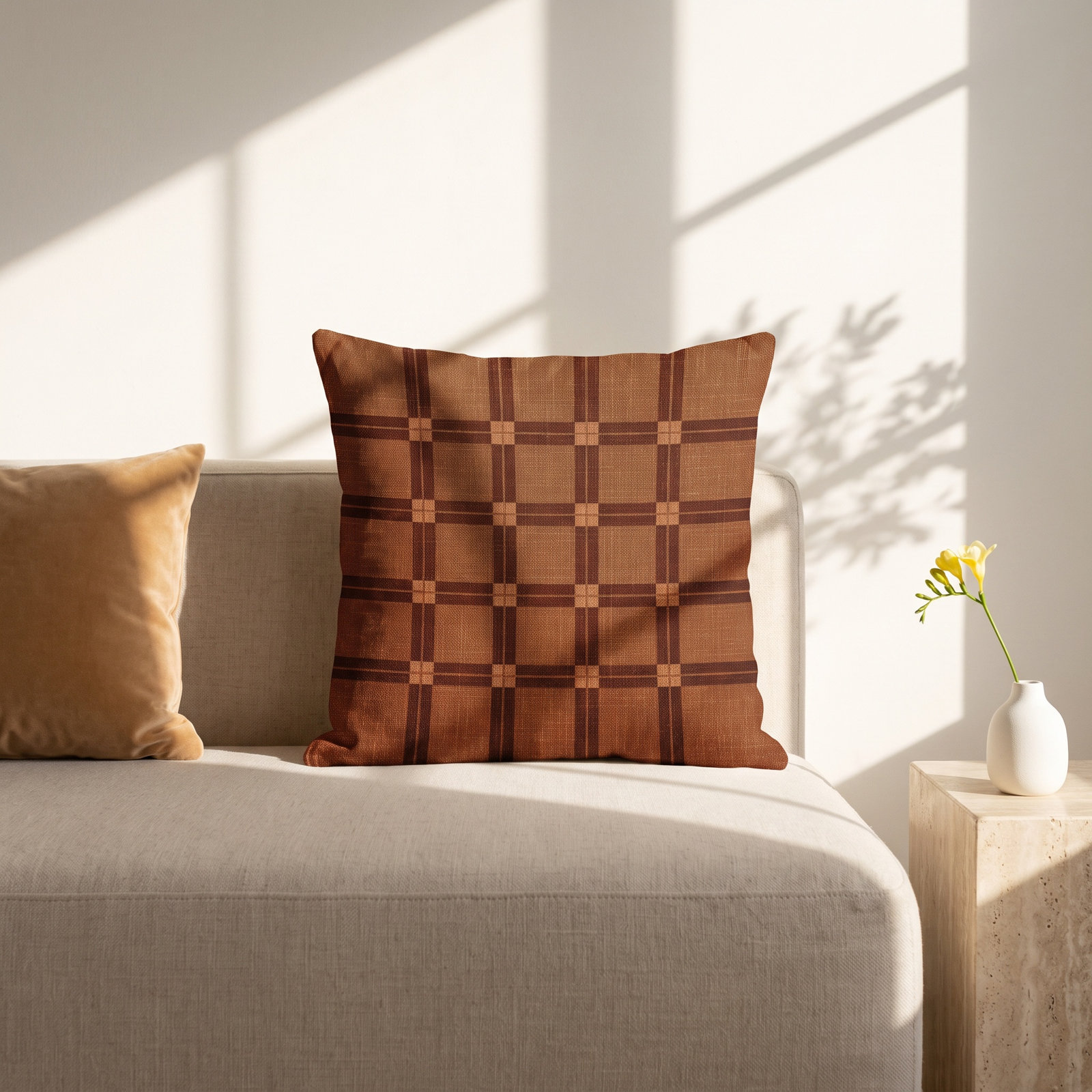 Plaid Indoor/Outdoor Throw Pillow, 19" W x 19" H, Burnt Orange