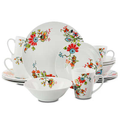 Gibson Home Doraville 16 Piece Round Floral Porcelain Dinnerware Set in White