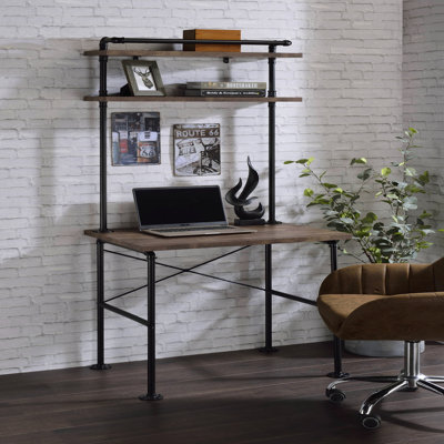 Rustic Oak And Black 2-Shelf Writing Desk